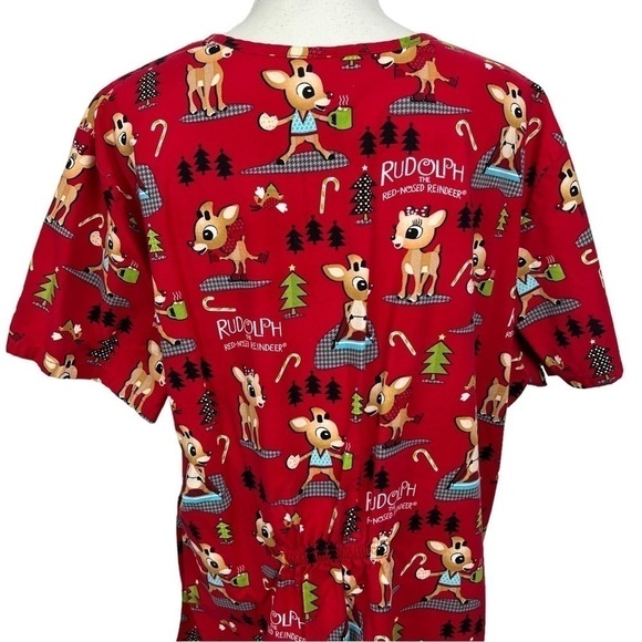 RUDOLPH THE RED NOSED REINDEER Women’s Scrub Sz 2X Multi Color V-neck SS - Picture 6 of 11